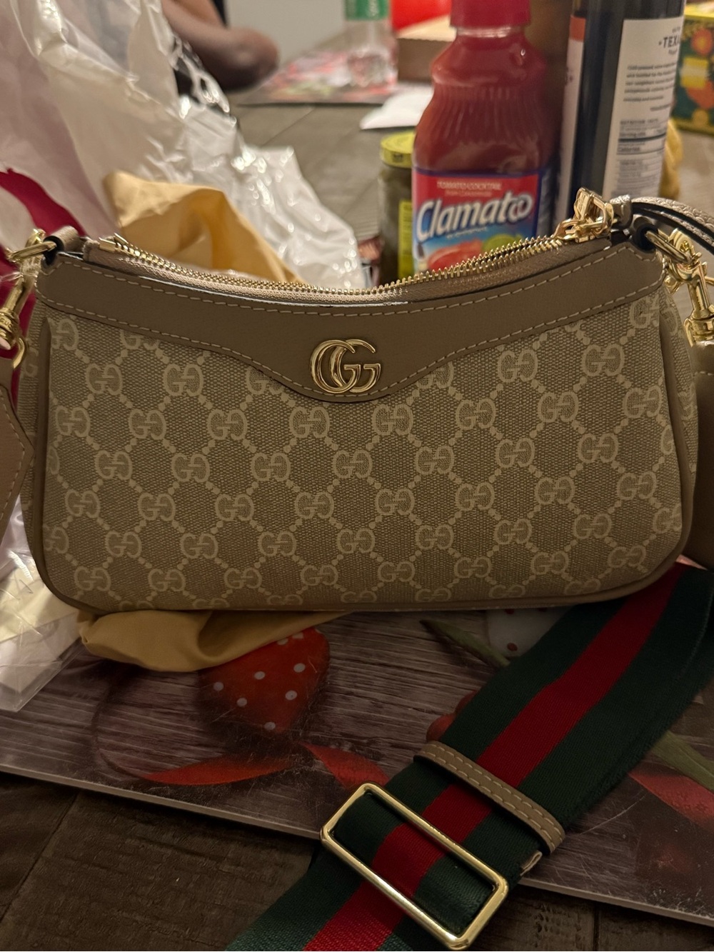 Gucci Beige GG Canvas Shoulder Bag with Brown Trim and Green-Red Web Strap